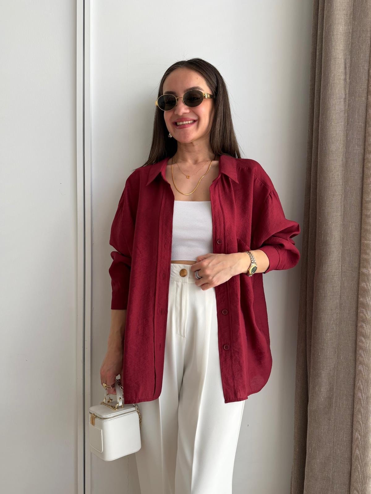 Bordo Lüx Kalite Oversize Gömlek 4612