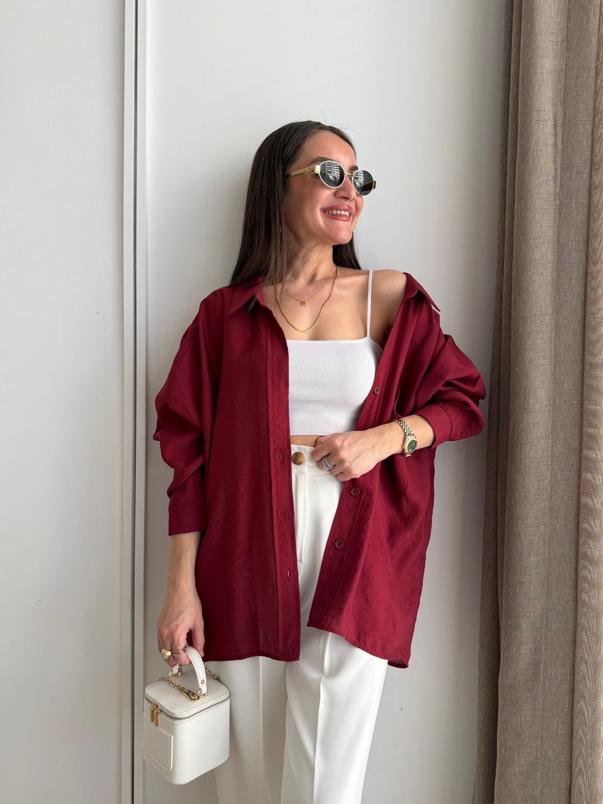 Bordo Lüx Kalite Oversize Gömlek 4612