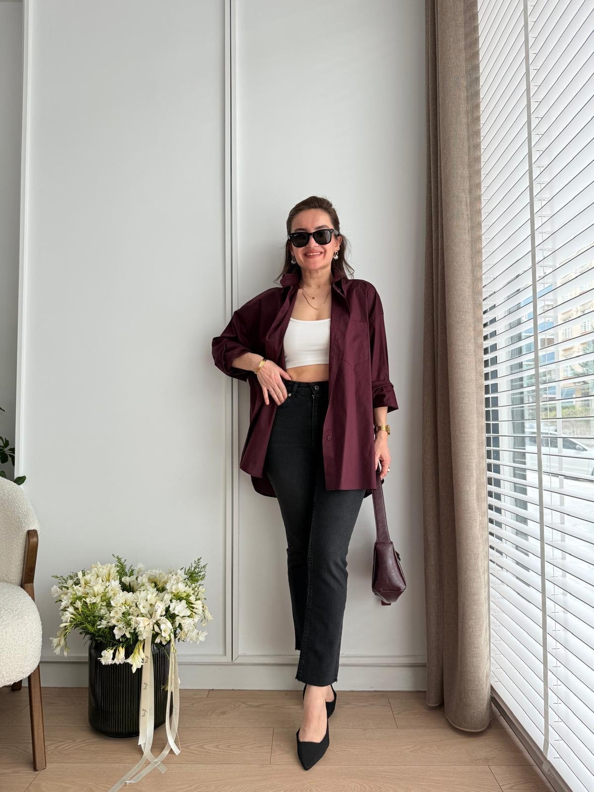 Bordo Lüx Kalite Pamuklu Oversize Gömlek 5310
