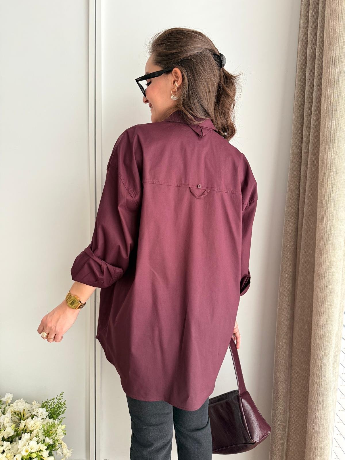 Bordo Lüx Kalite Pamuklu Oversize Gömlek 5310