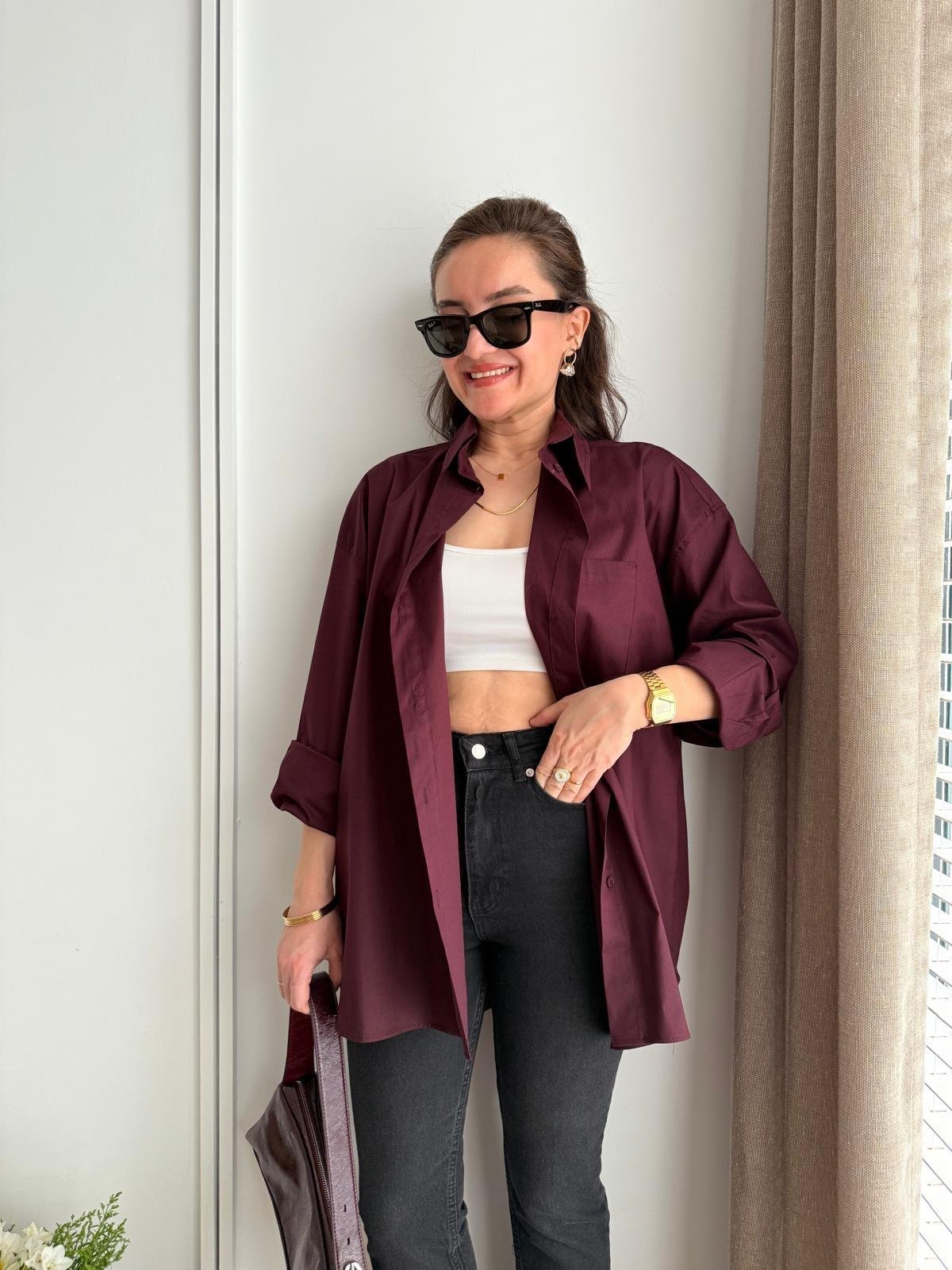 Bordo Lüx Kalite Pamuklu Oversize Gömlek 5310