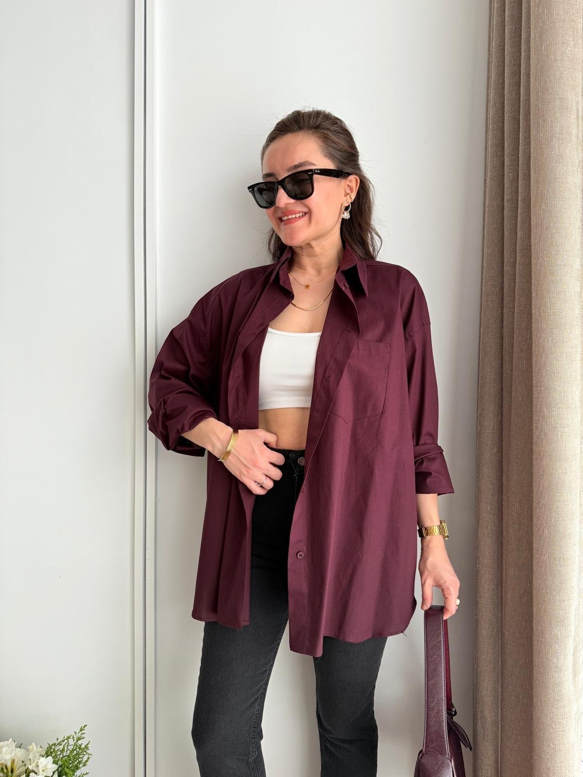Bordo Lüx Kalite Pamuklu Oversize Gömlek 5310