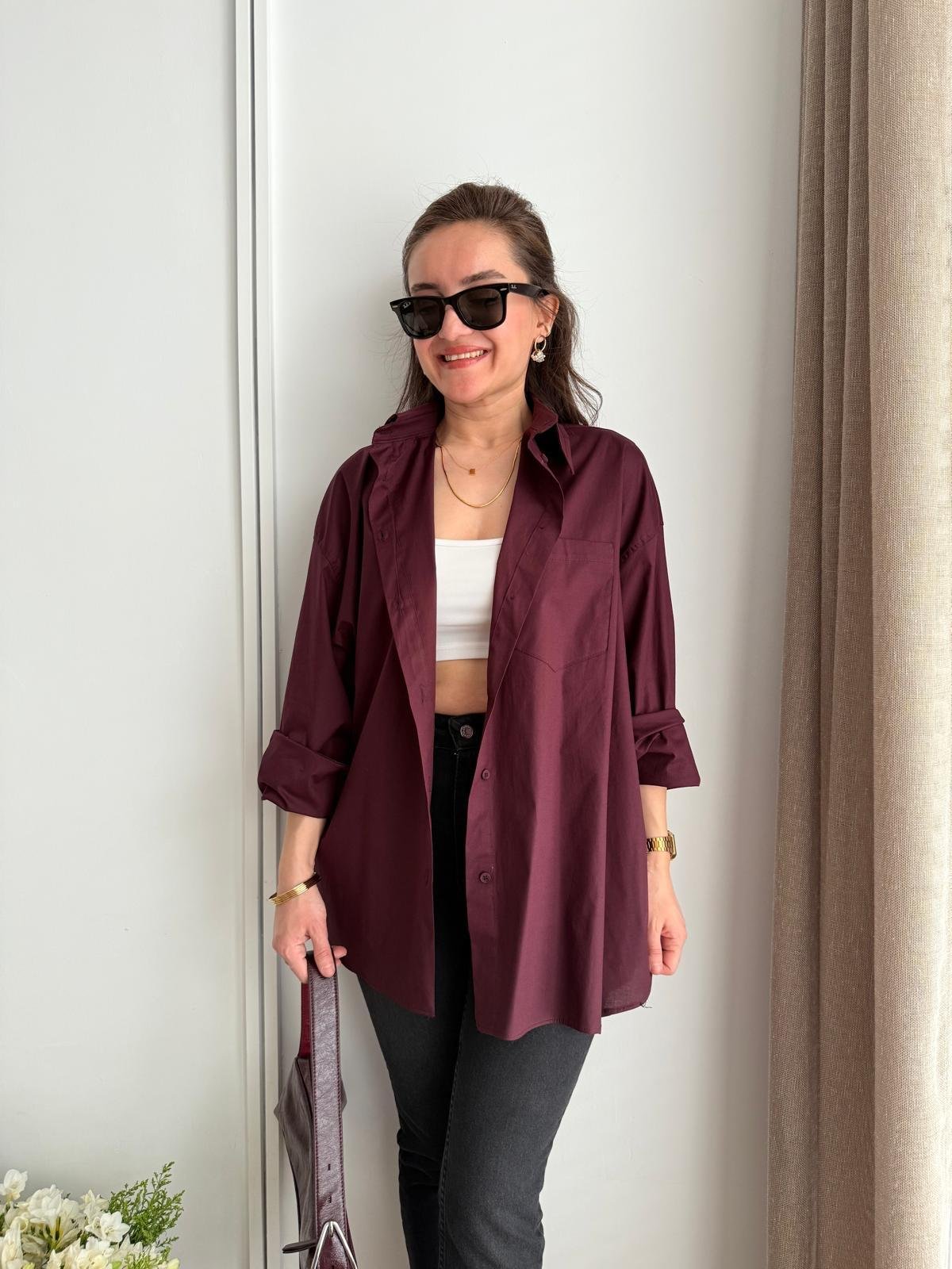 Bordo Lüx Kalite Pamuklu Oversize Gömlek 5310