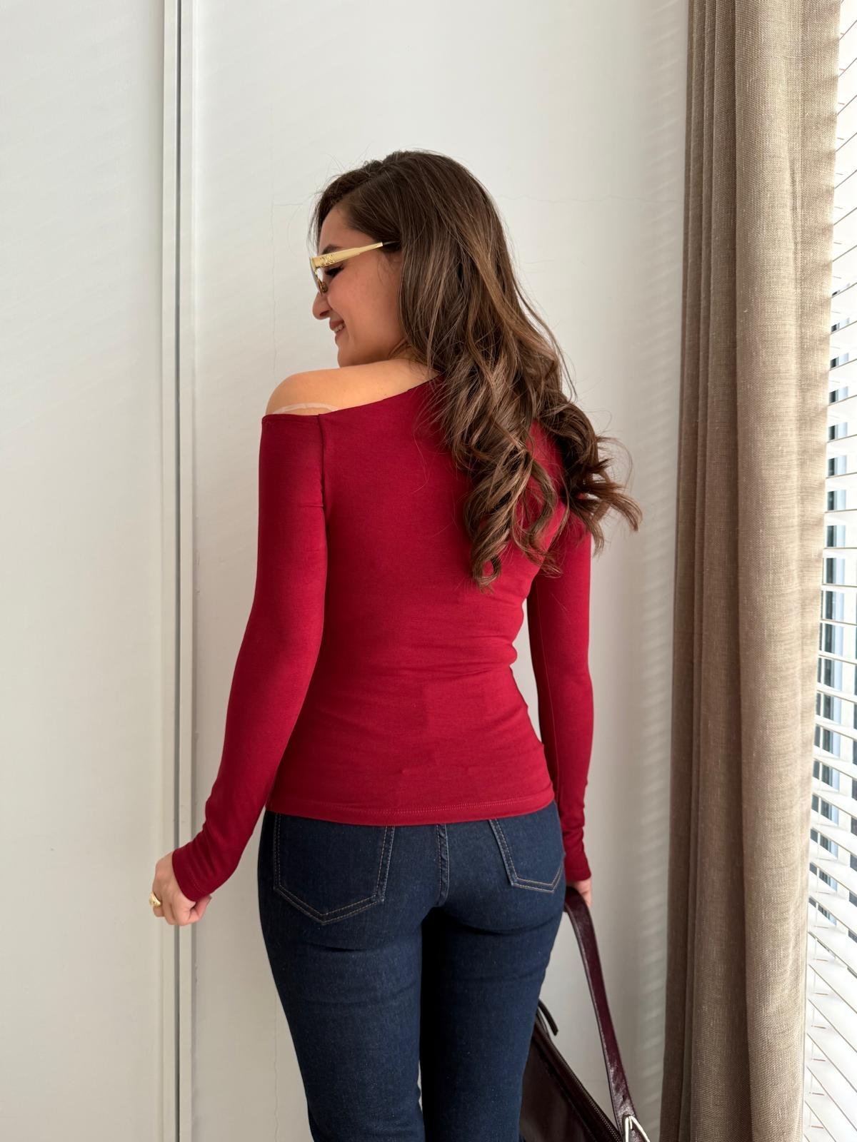 Bordo Omuz Detaylı Bluz 251001
