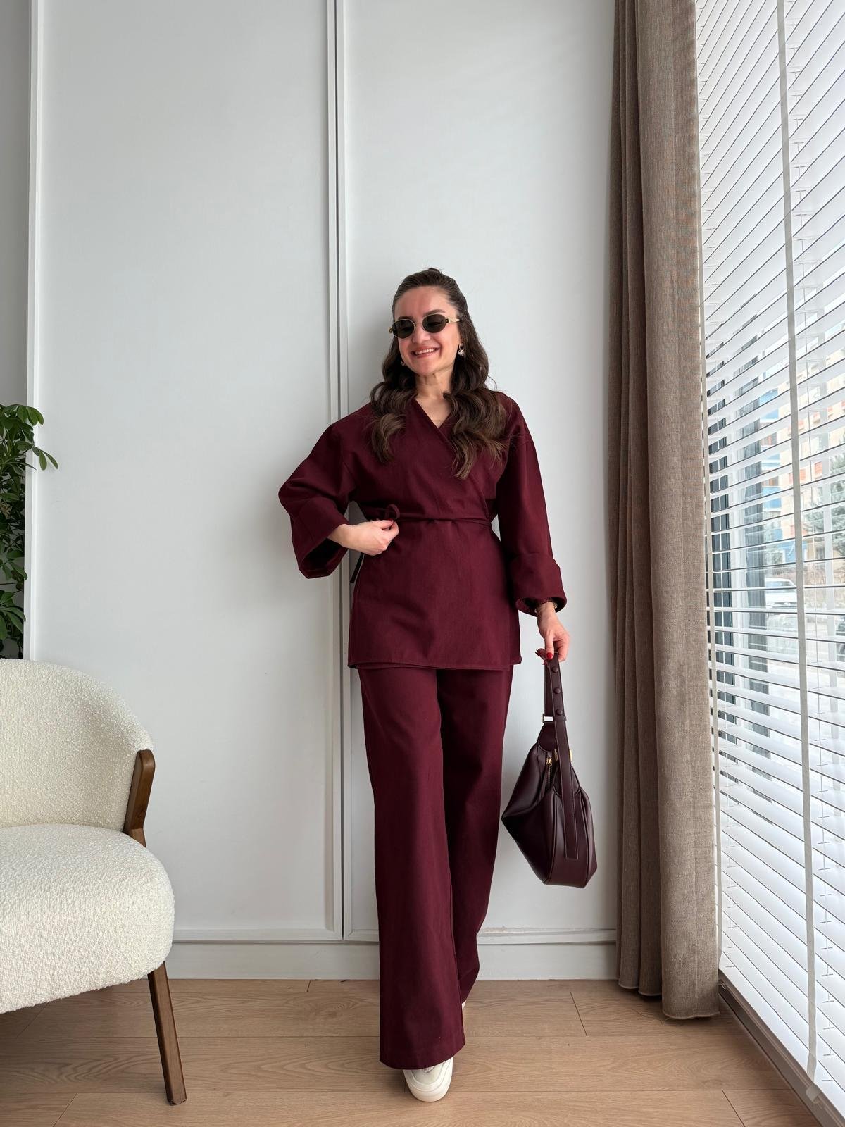 Bordo Ön Bağlama Gabardin Kimono Takım 8629
