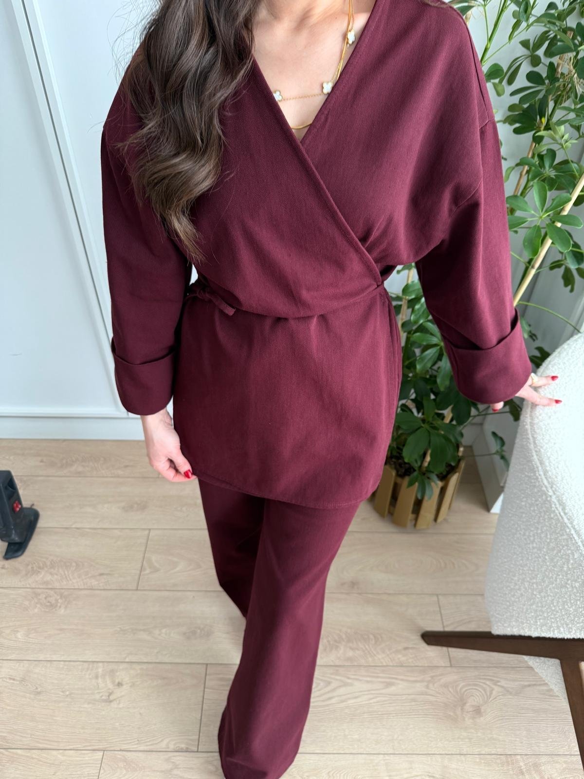 Bordo Ön Bağlama Gabardin Kimono Takım 8629