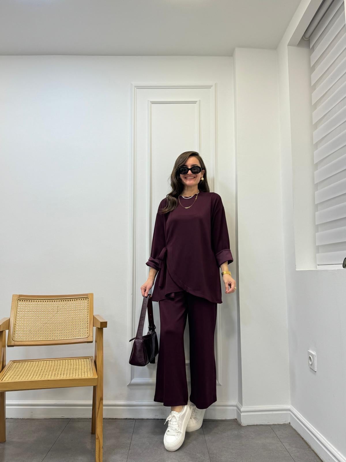 Bordo Ön Bağlamalı Bol Paça Tasarım Takım 42915