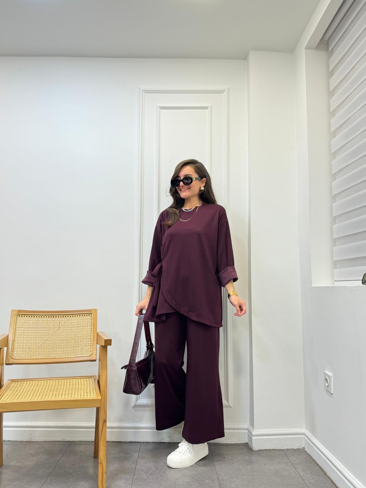 Bordo Ön Bağlamalı Bol Paça Tasarım Takım 42915