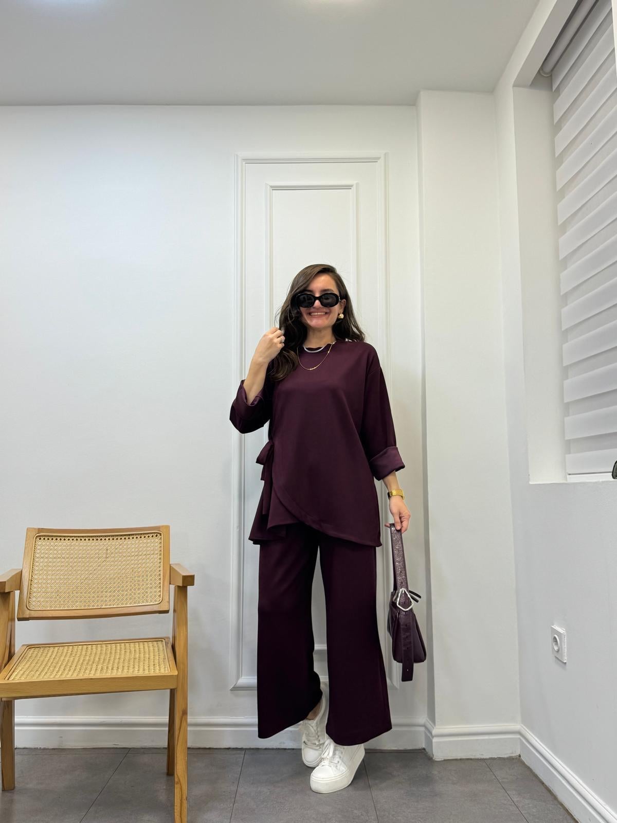 Bordo Ön Bağlamalı Bol Paça Tasarım Takım 42915