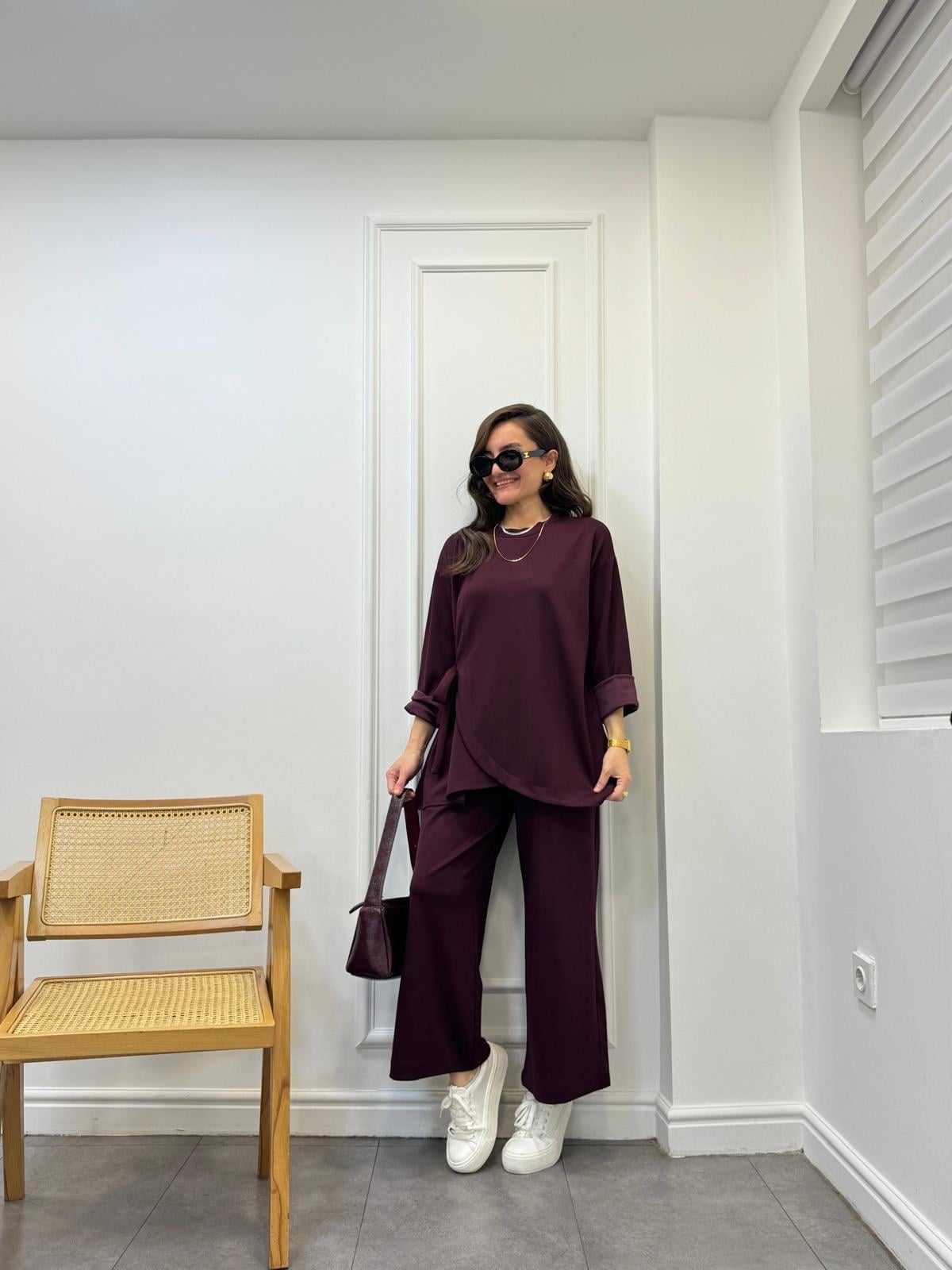 Bordo Ön Bağlamalı Bol Paça Tasarım Takım 42915