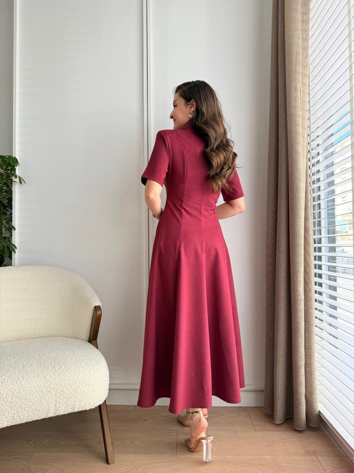 Bordo Ön Fermuarlı Midi Boy Kloş Elbise 4521