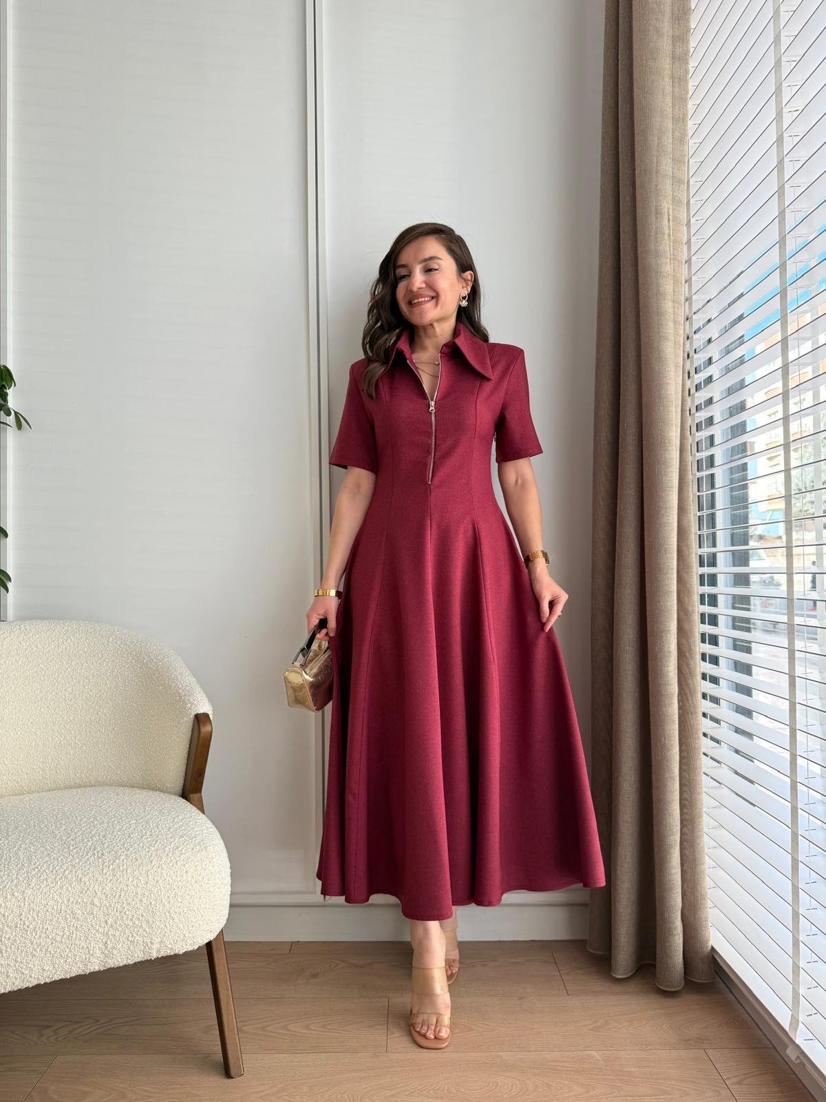 Bordo Ön Fermuarlı Midi Boy Kloş Elbise 4521