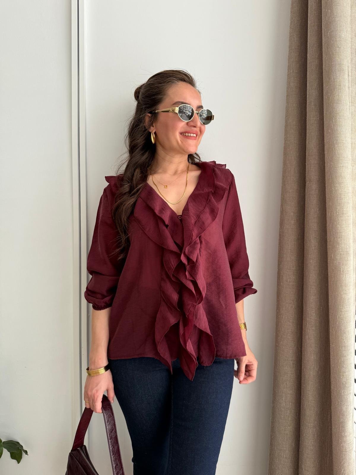 Bordo Önü Düğmeli Volanlı Gömlek 36234