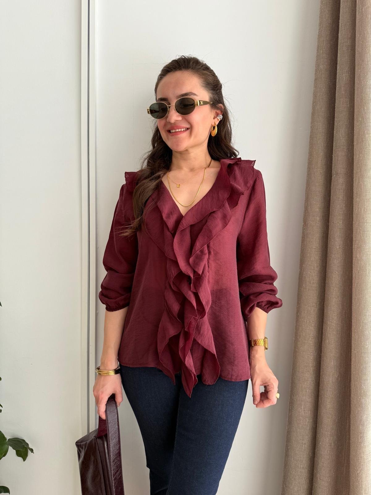 Bordo Önü Düğmeli Volanlı Gömlek 36234
