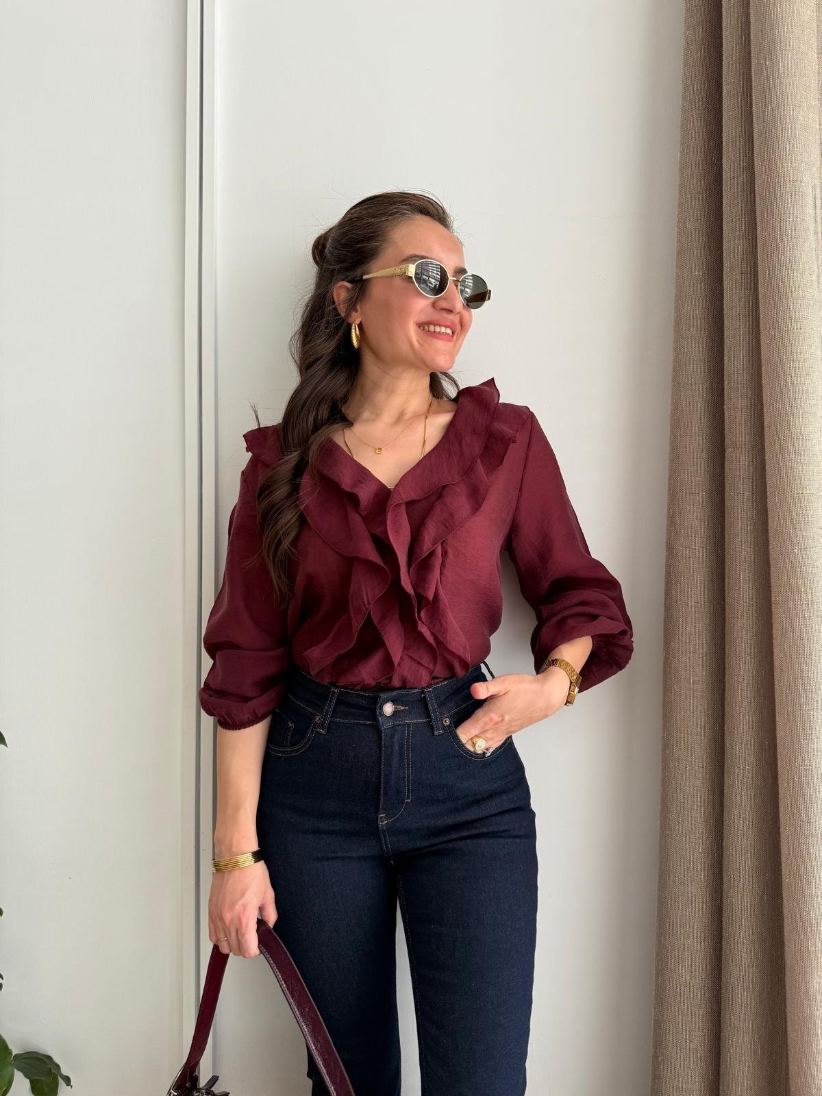 Bordo Önü Düğmeli Volanlı Gömlek 36234