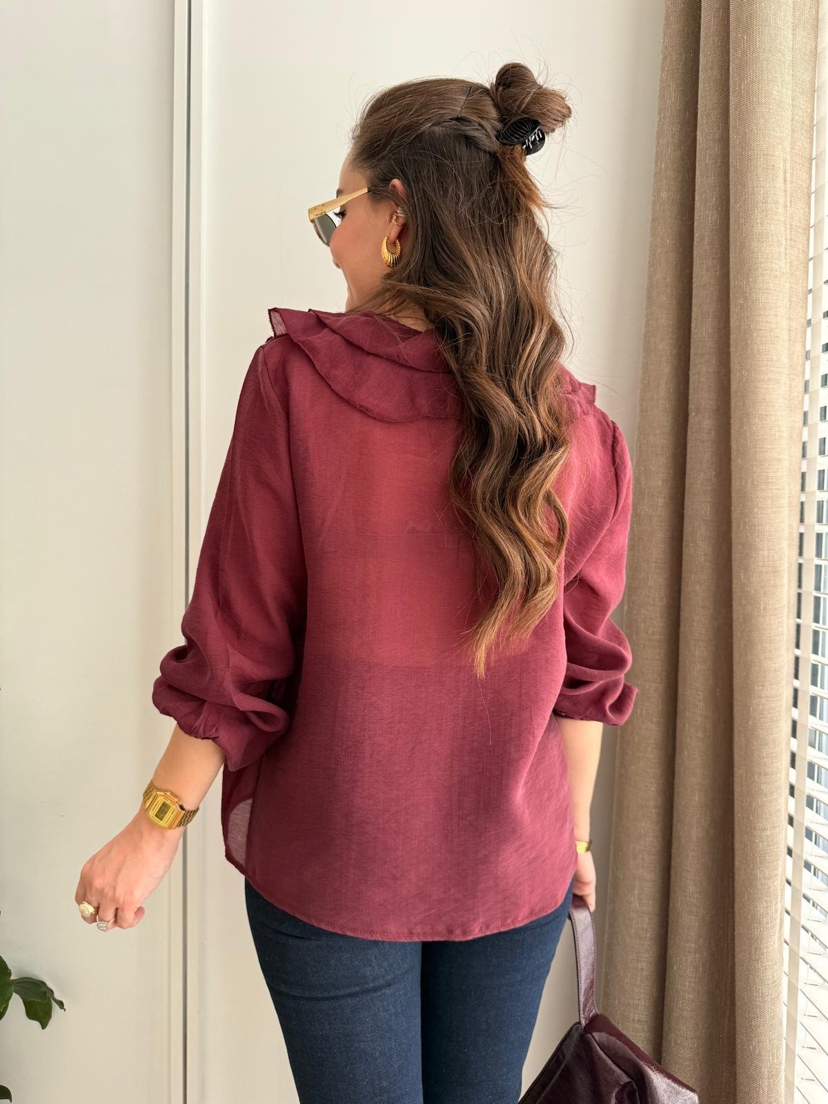 Bordo Önü Düğmeli Volanlı Gömlek 36234