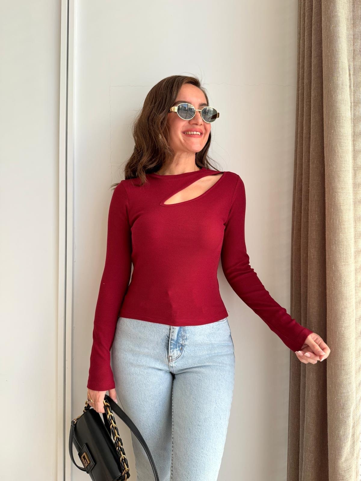 Bordo Önü Yan Dekolteli Uzun Kol Bluz 4438