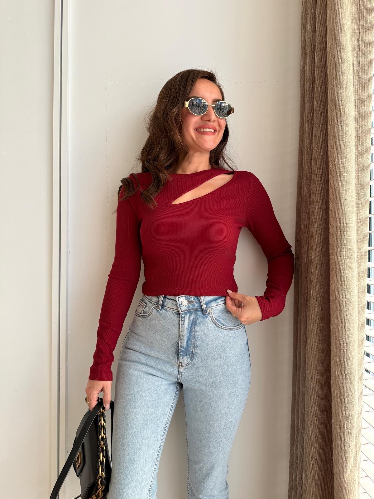 Bordo Önü Yan Dekolteli Uzun Kol Bluz 4438