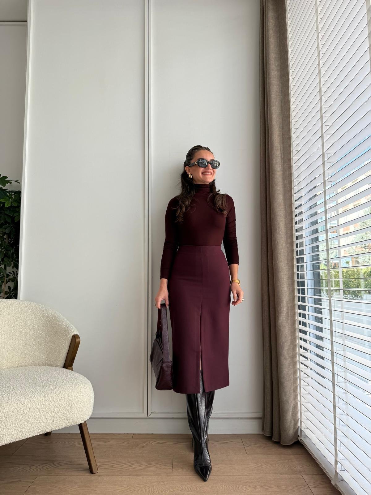 Bordo Önü Yırtmaç Detaylı Kalem Etek 4866