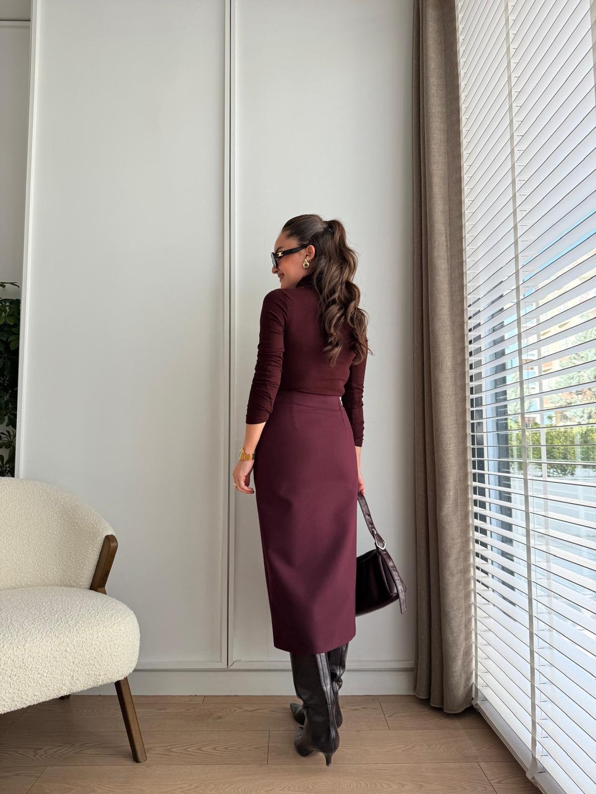 Bordo Önü Yırtmaç Detaylı Kalem Etek 4866