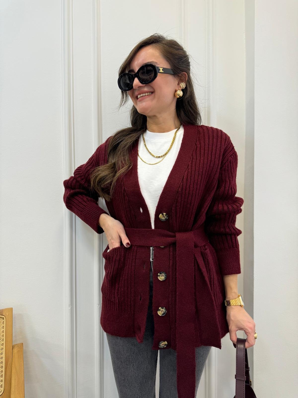 Bordo Örgü Çift Cepli Triko Hırka 4457