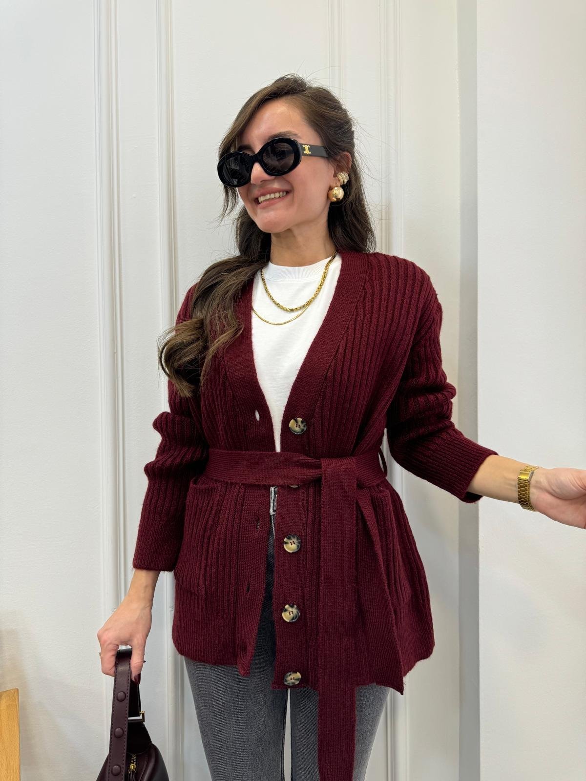 Bordo Örgü Çift Cepli Triko Hırka 4457