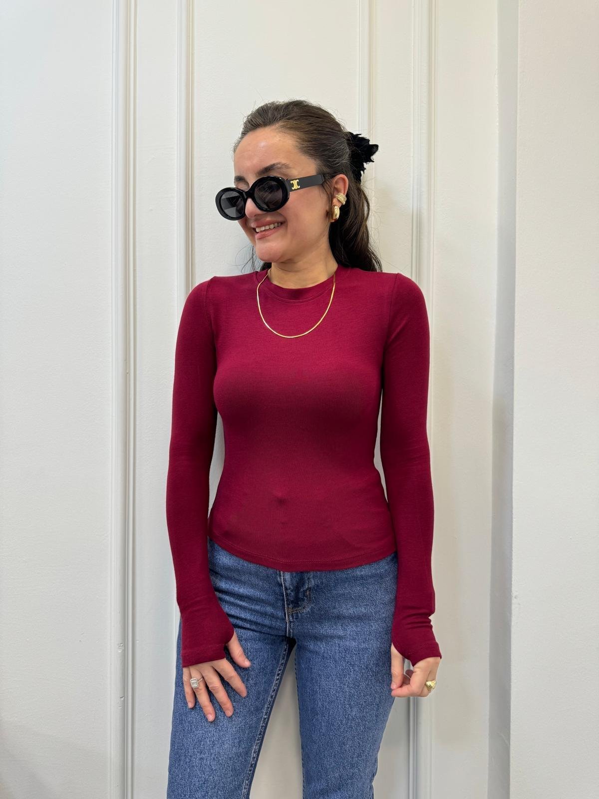 Bordo Orijinal Marka Özel Dokulu Bisiklet Yaka Bluz 5215