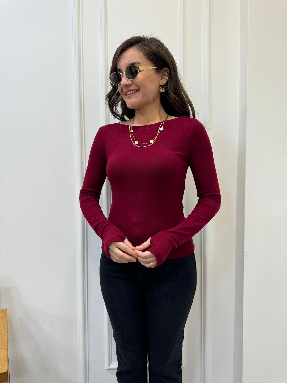 Bordo Orjinal Marka Özel Dokulu Kayık Yaka Bluz 5217