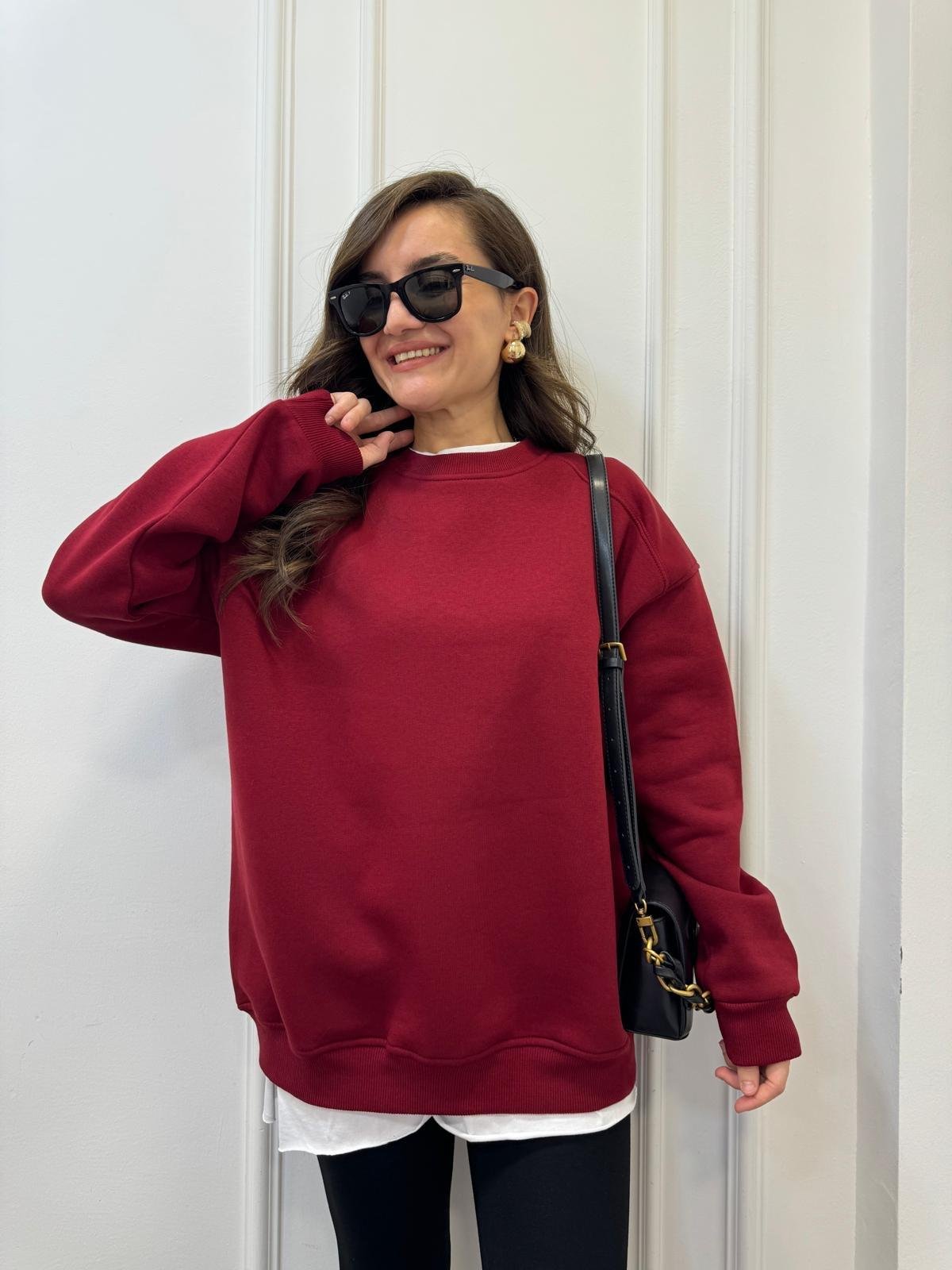 Bordo Oversize Bisiklet Yaka Sweatshırt 7912