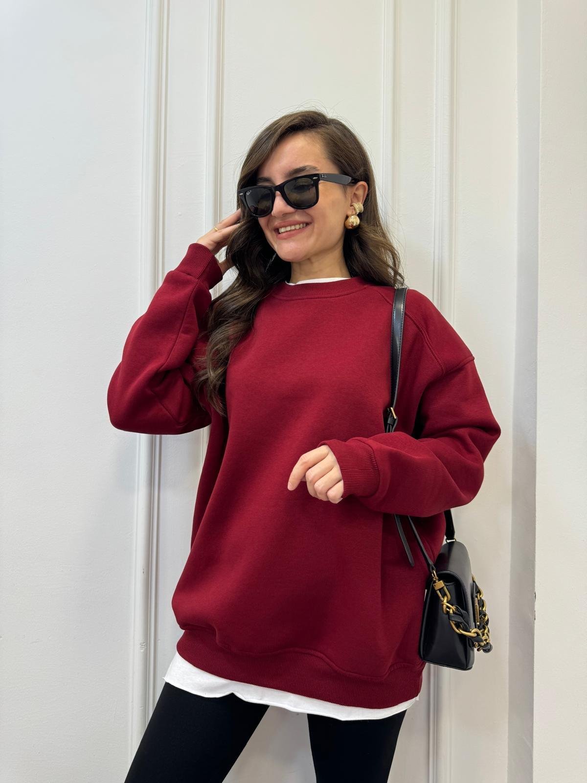 Bordo Oversize Bisiklet Yaka Sweatshırt 7912