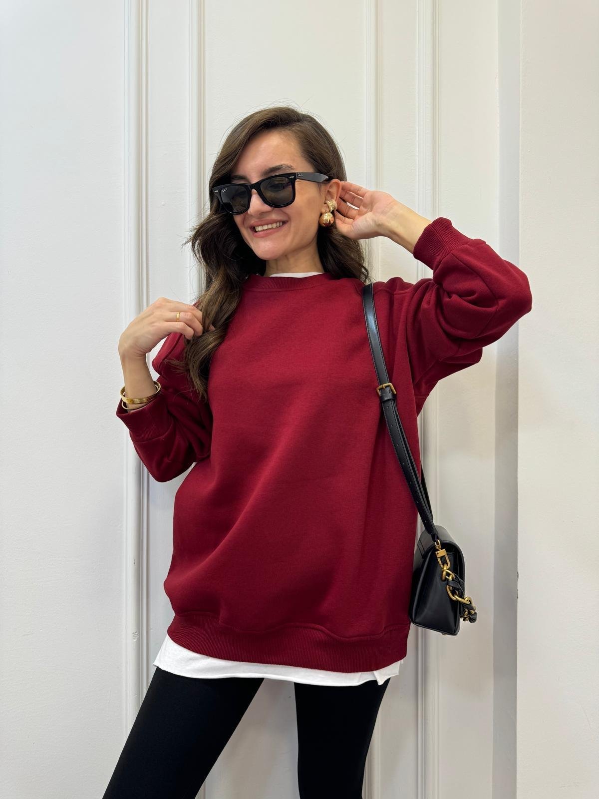 Bordo Oversize Bisiklet Yaka Sweatshırt 7912