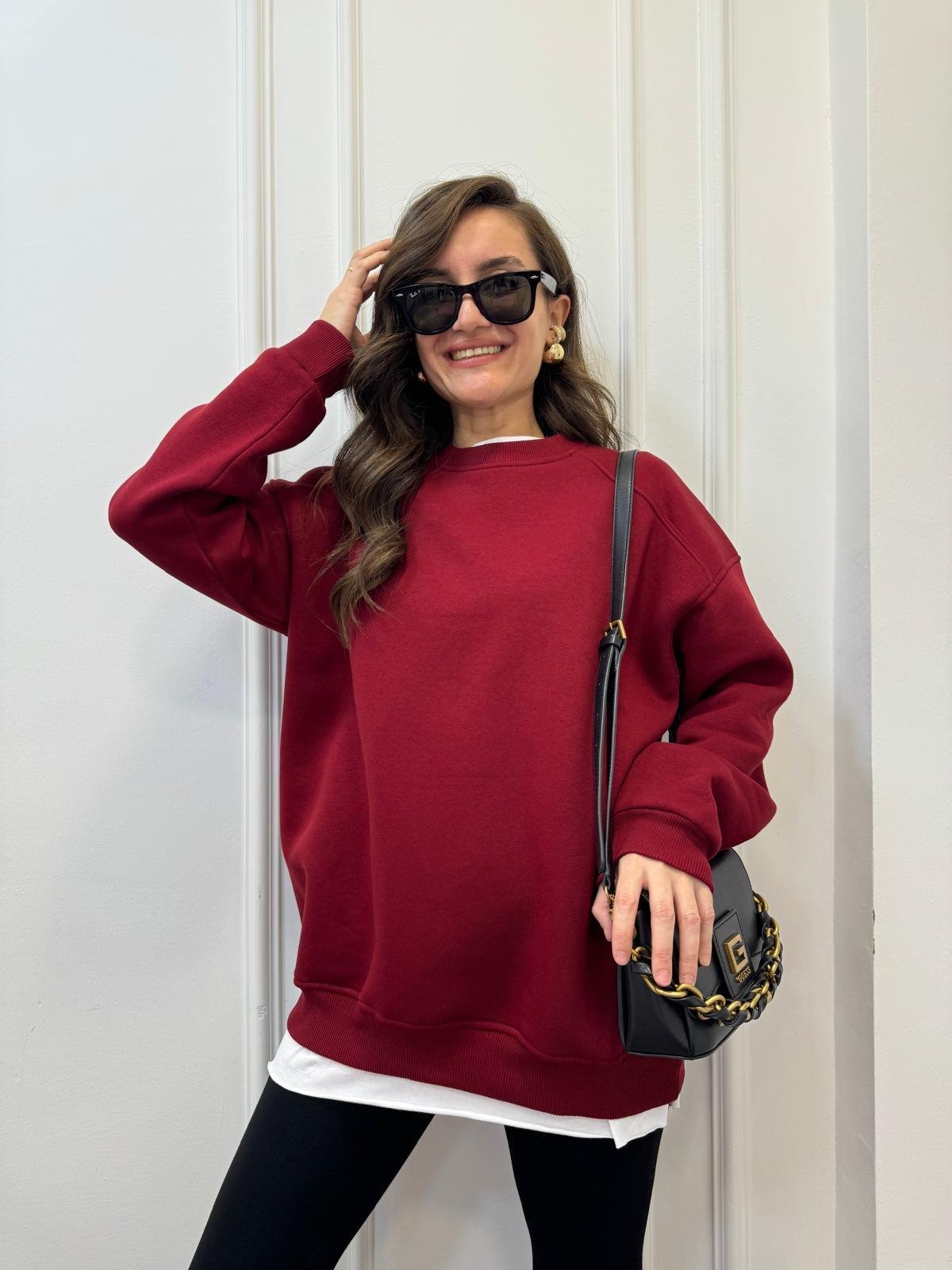 Bordo Oversize Bisiklet Yaka Sweatshırt 7912