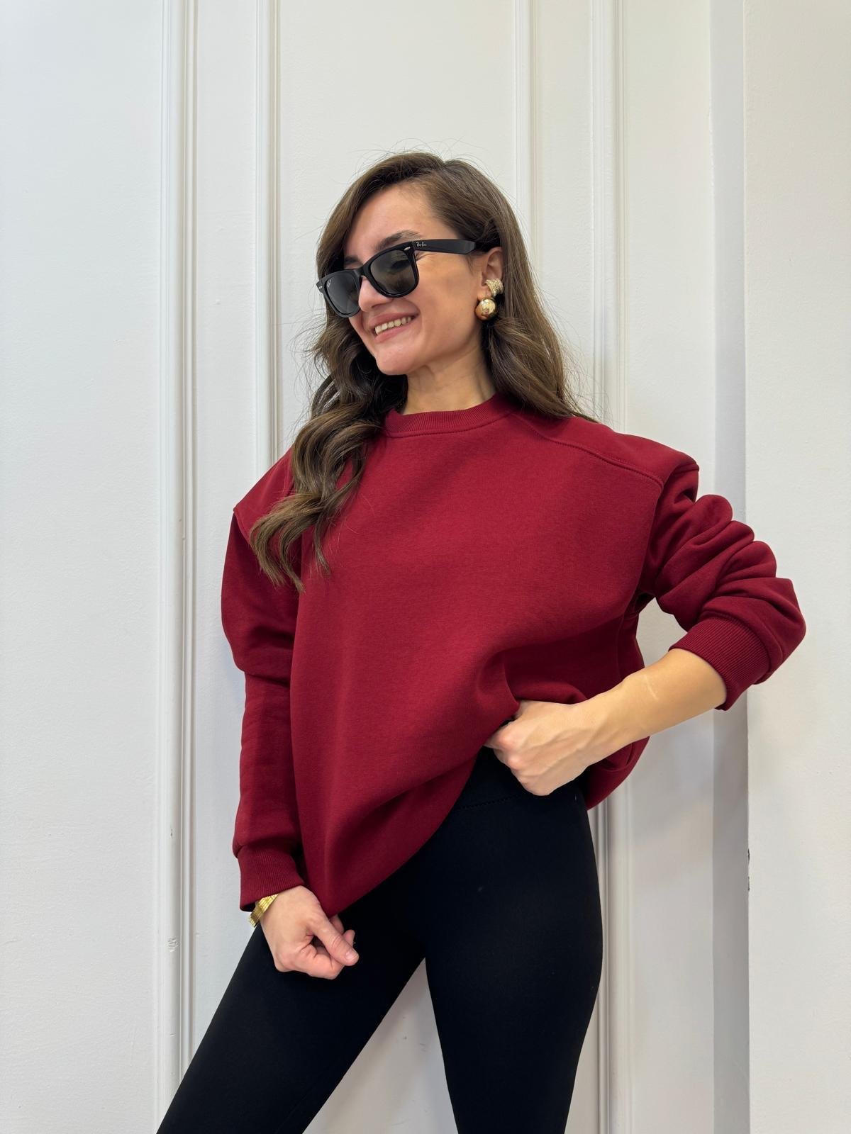 Bordo Oversize Bisiklet Yaka Sweatshırt 7912