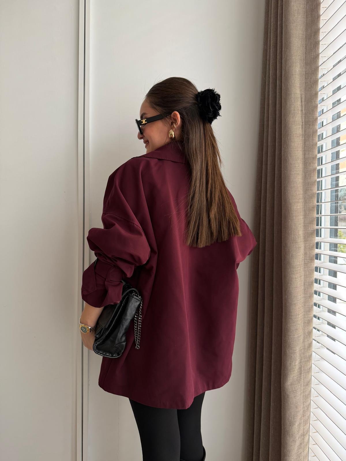 Bordo Oversize Kol Kemerli Trençkot T01