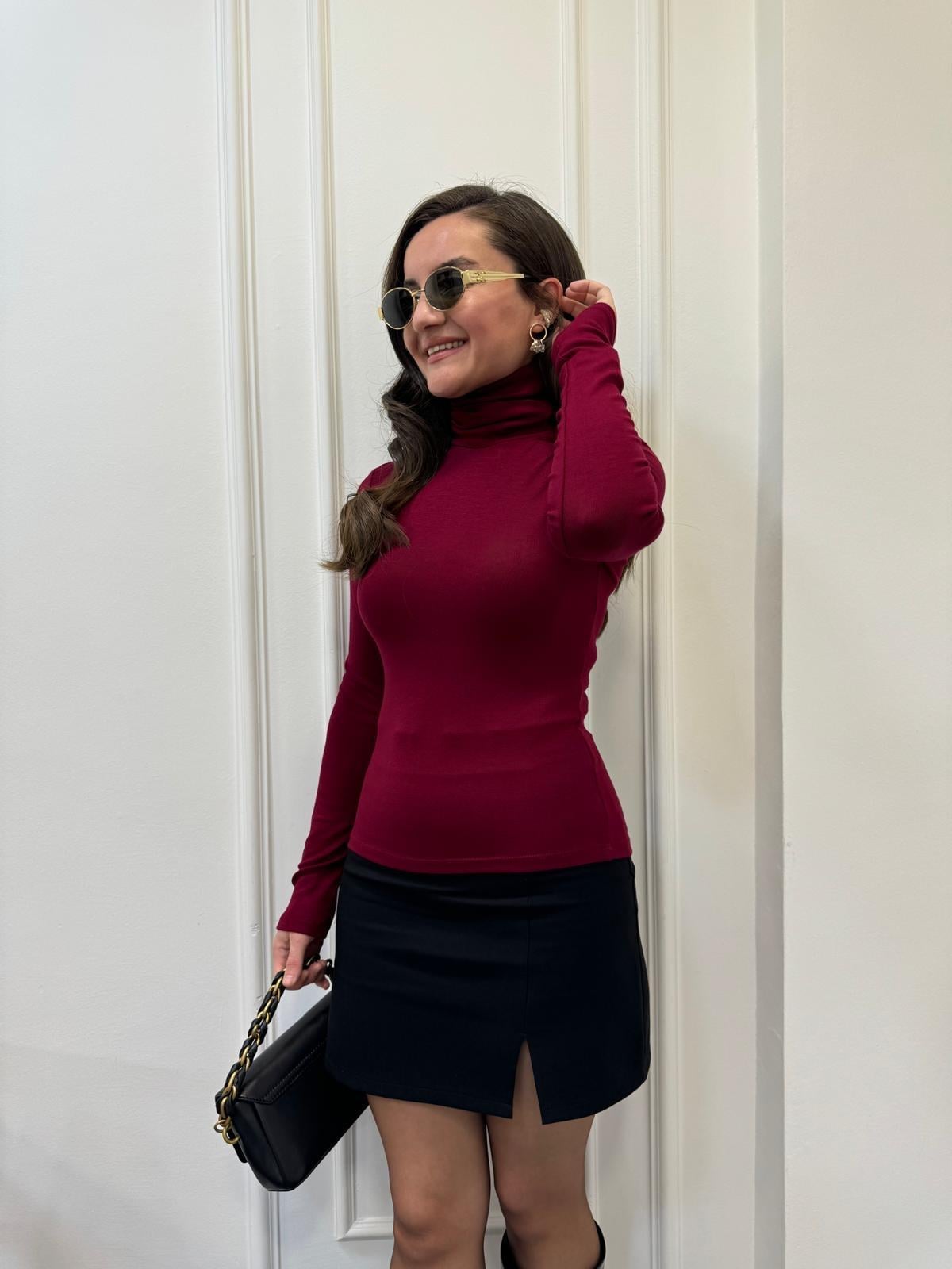 Bordo Özel Dokulu Balıkçı Yaka Bluz 16560