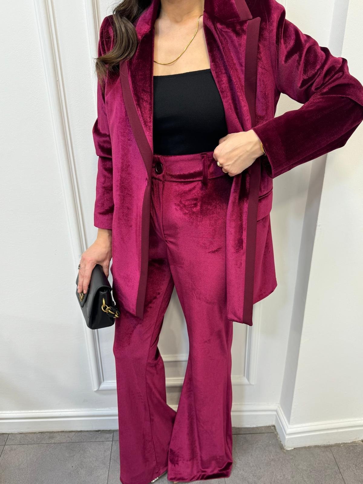 Bordo Özel Marka Kruvaze Yaka Biyeli Kadife Blazer Pantolon Takım 2561