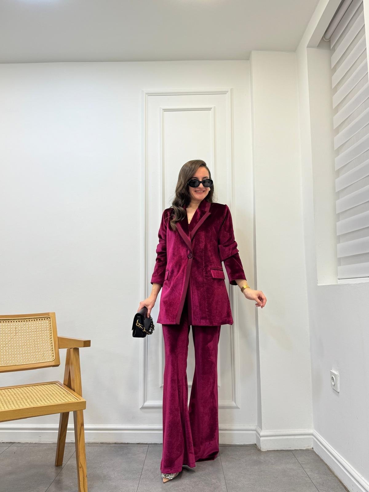 Bordo Özel Marka Kruvaze Yaka Biyeli Kadife Blazer Pantolon Takım 2561