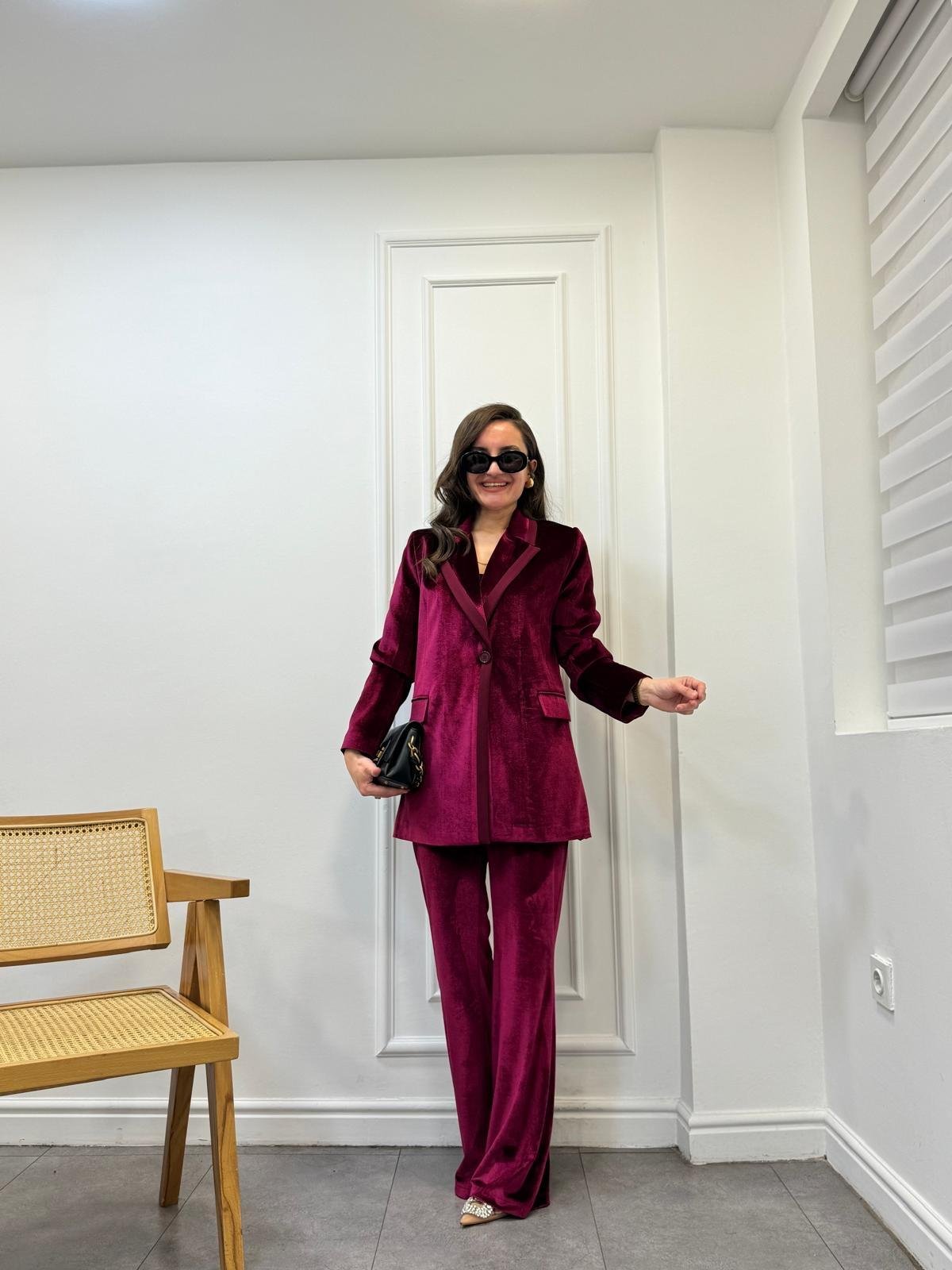 Bordo Özel Marka Kruvaze Yaka Biyeli Kadife Blazer Pantolon Takım 2561