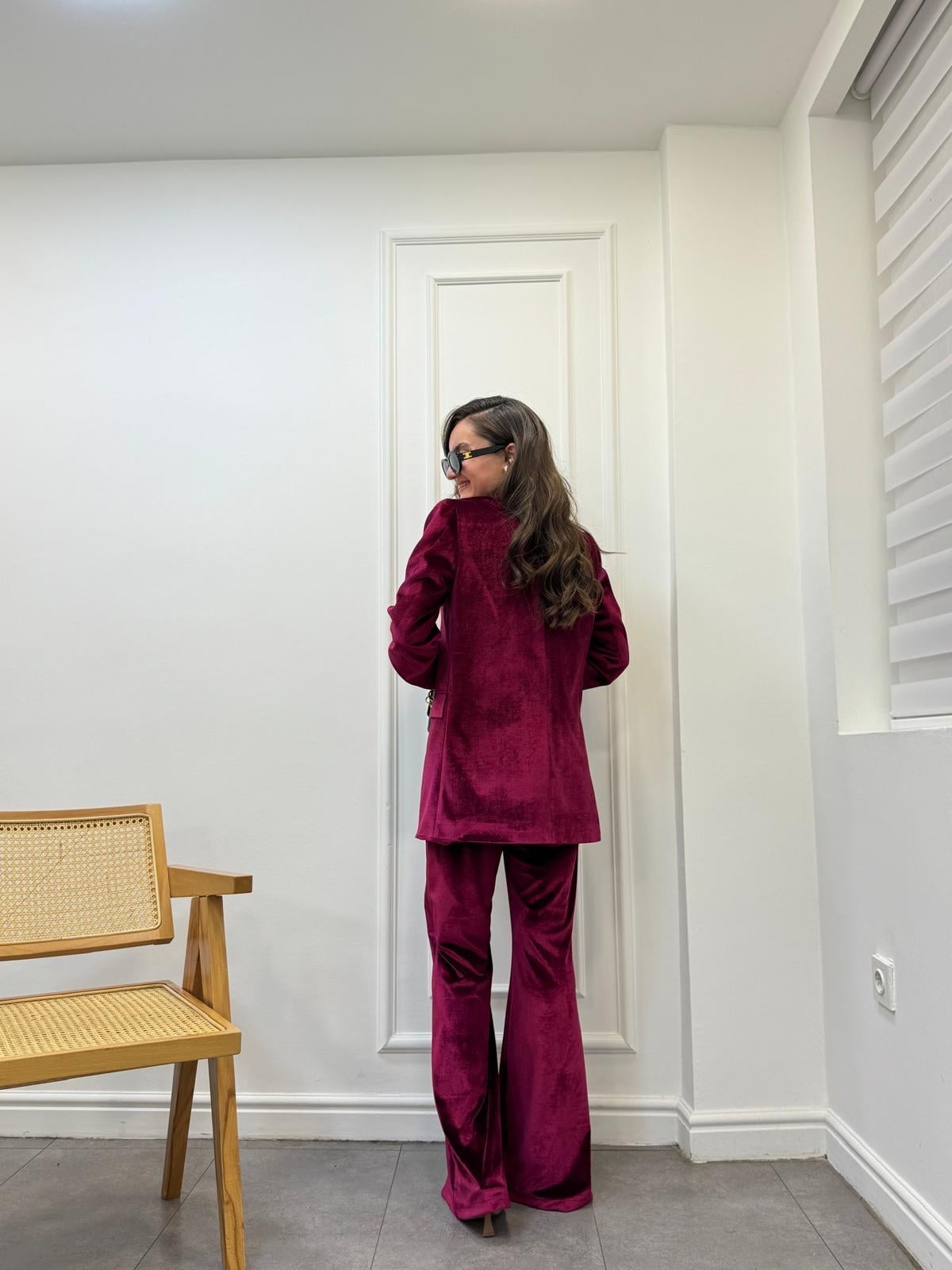 Bordo Özel Marka Kruvaze Yaka Biyeli Kadife Blazer Pantolon Takım 2561