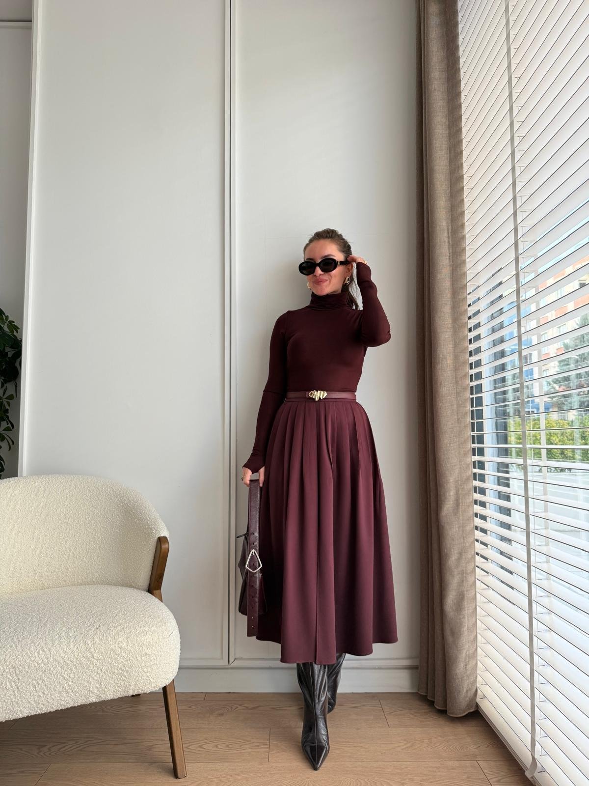 Bordo Pile Detay Yırtmaçlı Balon Etek 16888