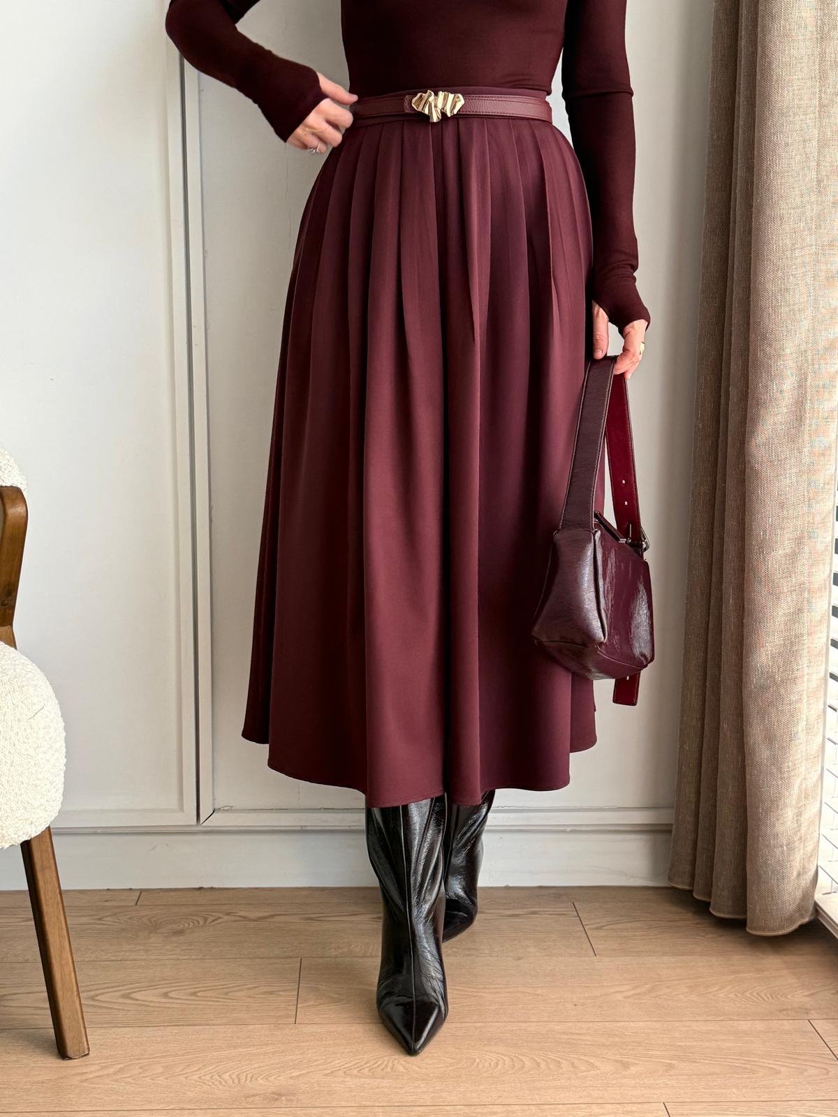 Bordo Pile Detay Yırtmaçlı Balon Etek 16888
