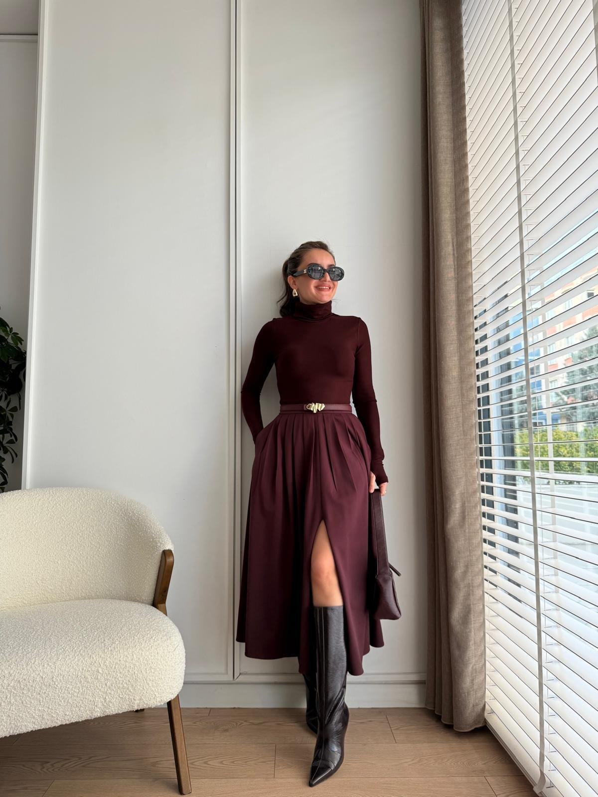Bordo Pile Detay Yırtmaçlı Balon Etek 16888