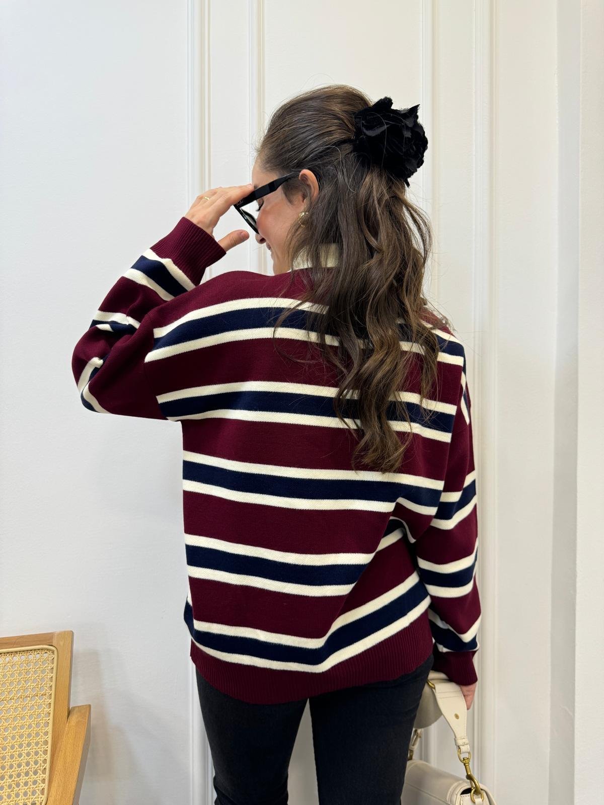 Bordo Polo Yaka Düğmeli Çizgili Triko Kazak 2433