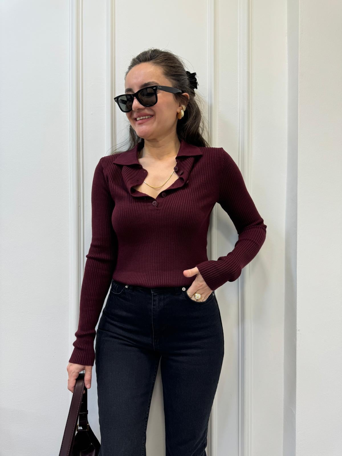 Bordo Polo Yaka Düğmeli Fitilli Triko Kazak 241225