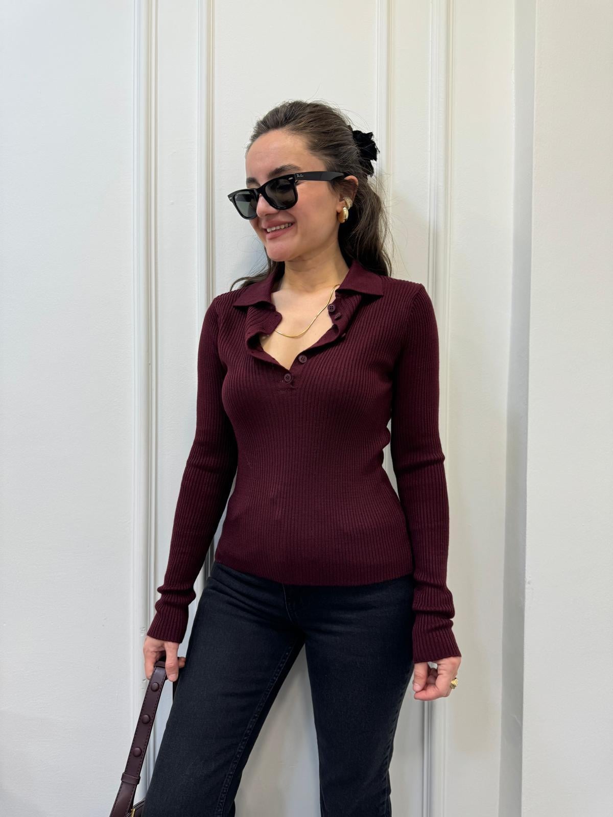 Bordo Polo Yaka Düğmeli Fitilli Triko Kazak 241225