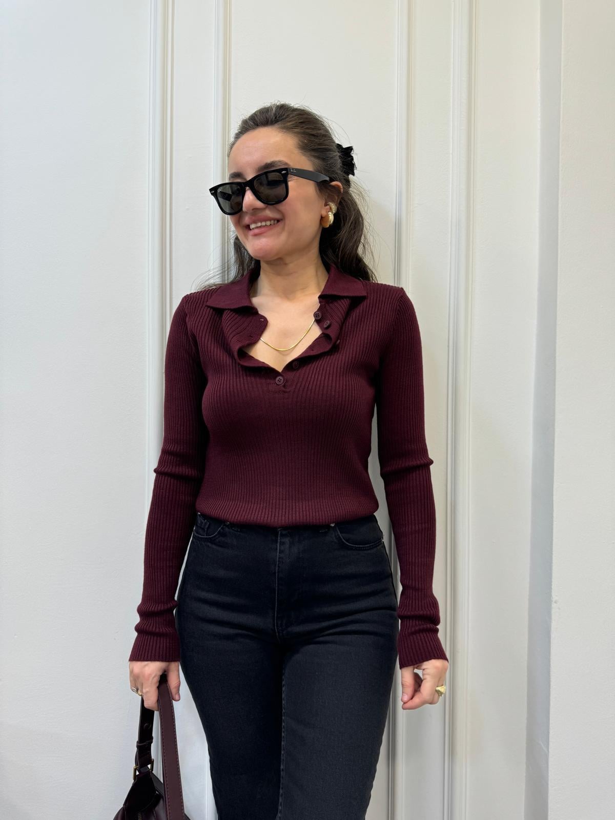 Bordo Polo Yaka Düğmeli Fitilli Triko Kazak 241225