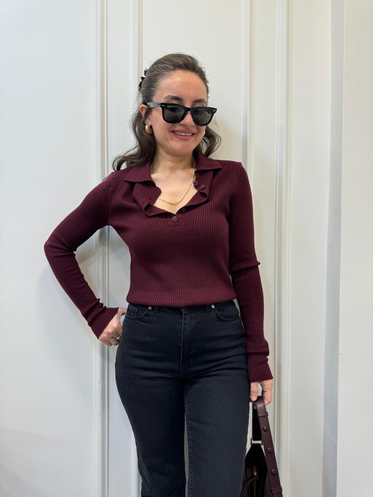 Bordo Polo Yaka Düğmeli Fitilli Triko Kazak 241225