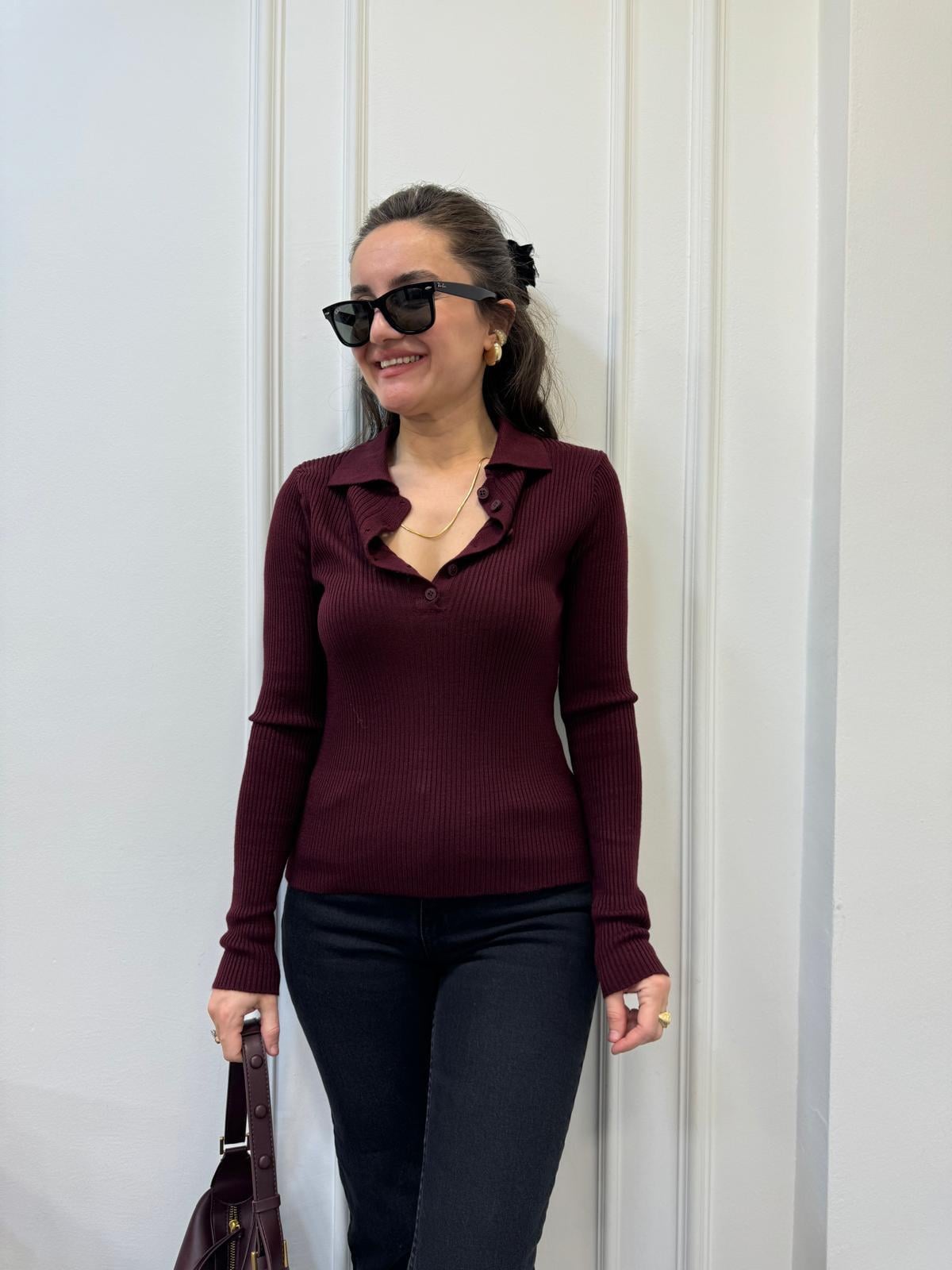 Bordo Polo Yaka Düğmeli Fitilli Triko Kazak 241225