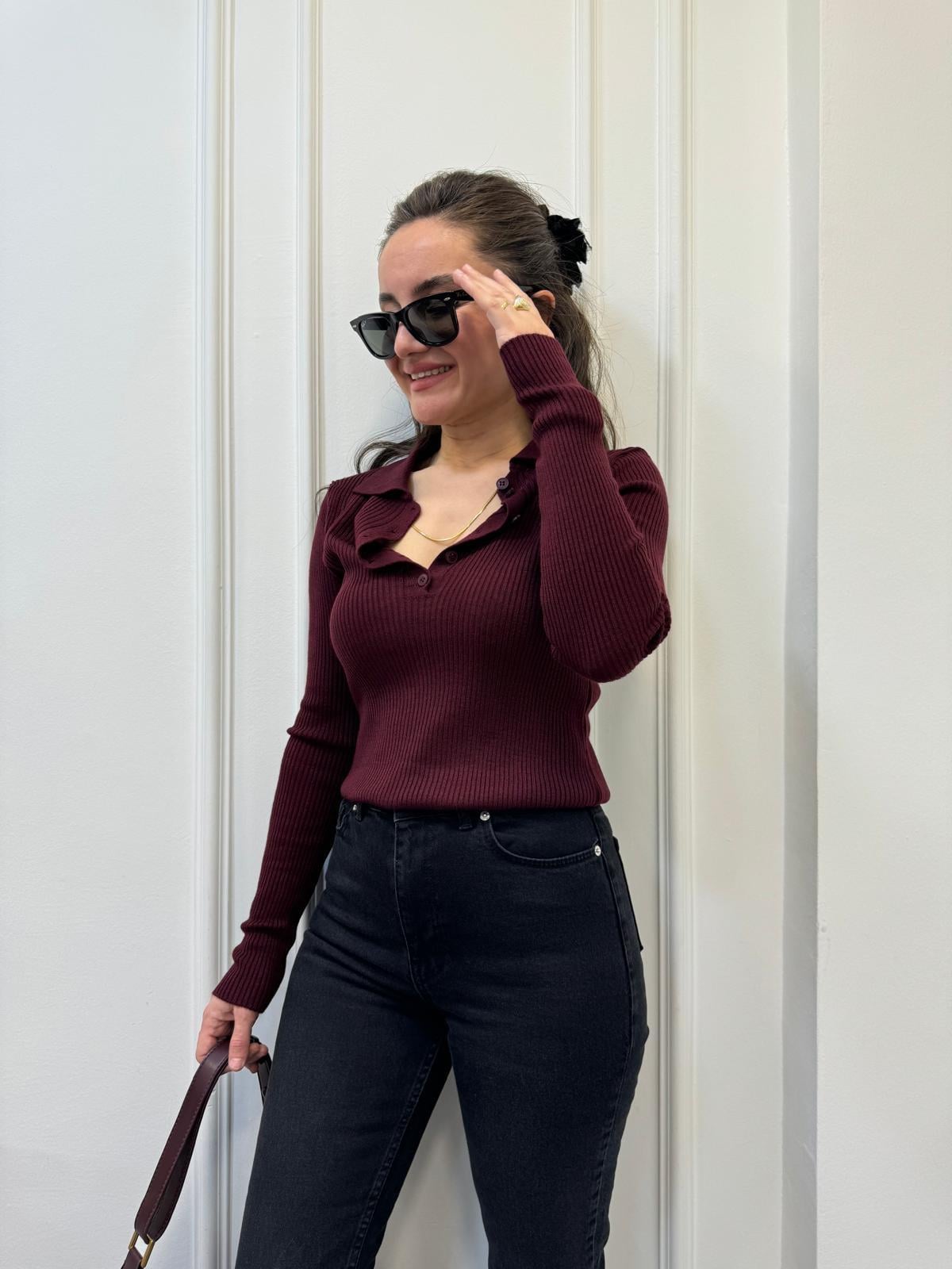 Bordo Polo Yaka Düğmeli Fitilli Triko Kazak 241225