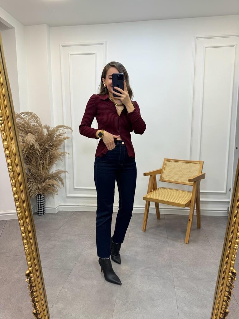 Bordo Polo Yaka Fitilli Hırka 0701